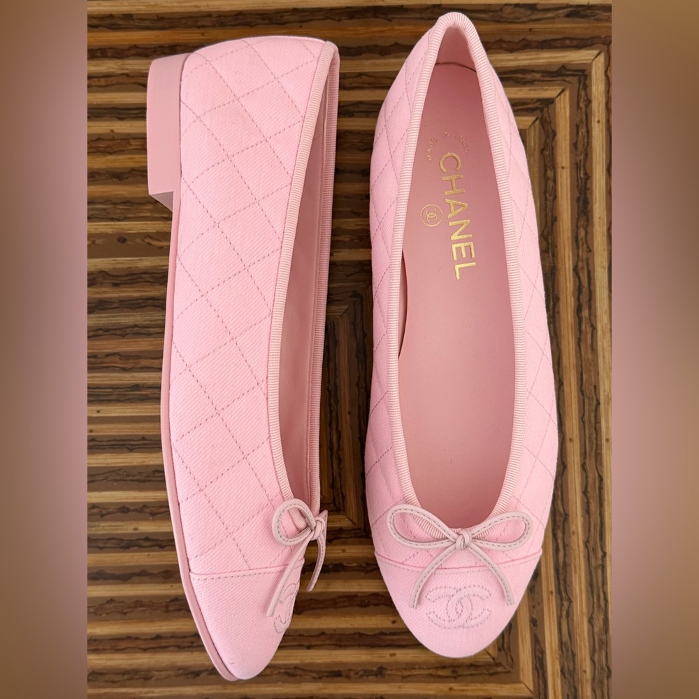 Chanel 26P Light Pink Denim Quilted CC Logo Bow Tie Ballet Ballerina Flat 39 - Picture 10 of 16